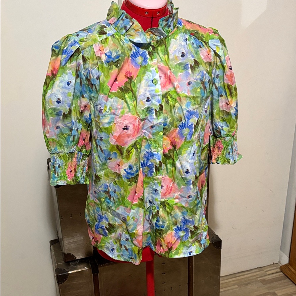 Joy Joy Floral Puff Sleeve Blouse in Pink, Blue & Green